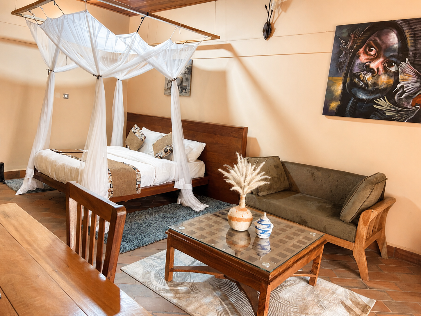 Amina cottage bedroom lounge and dining view at Warujojo Safari Lodge