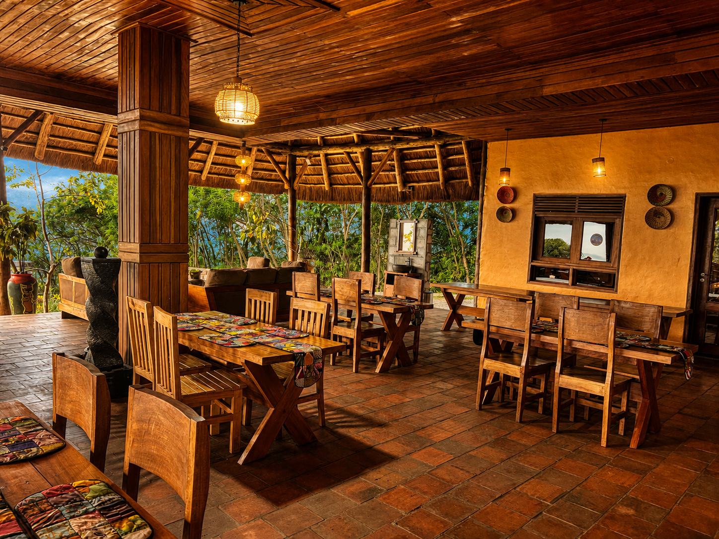 The open-air restaurant terrace at Warujojo Safari Lodge in the evening