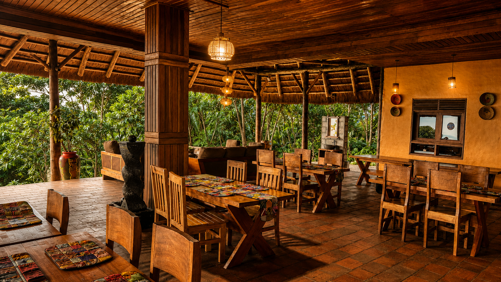 Dusk over the savanna beyond the lounge at Warujojo Safari Lodge, Queen Elizabeth National Park