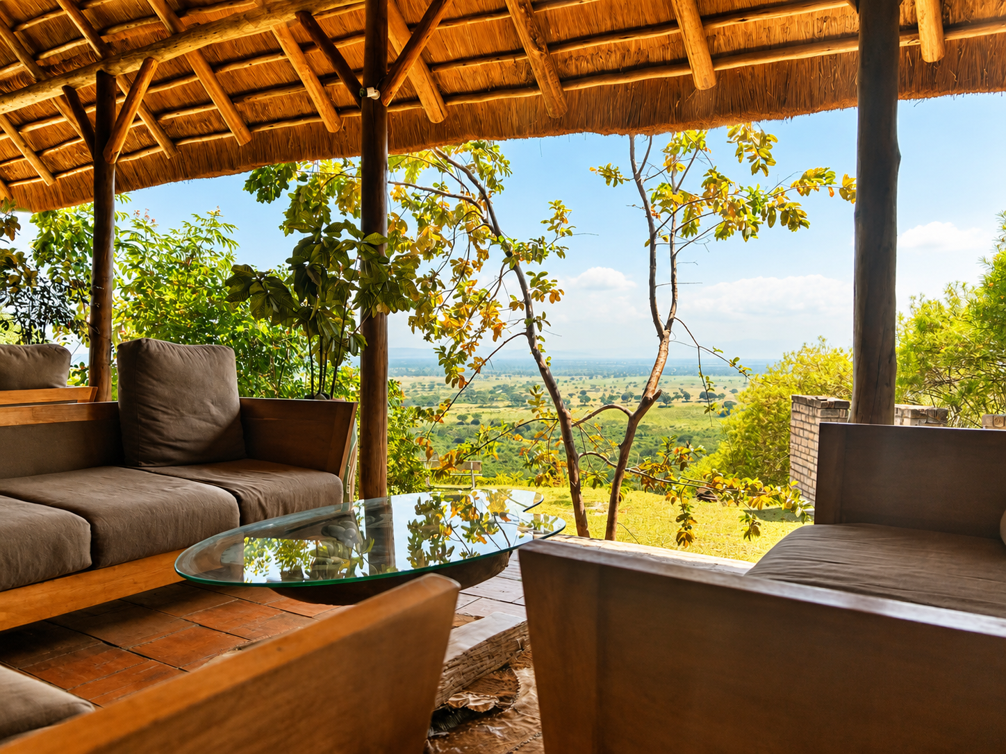 Savanna view over Queen Elizabeth National Park from the restaurant at Warujojo Safari Lodge