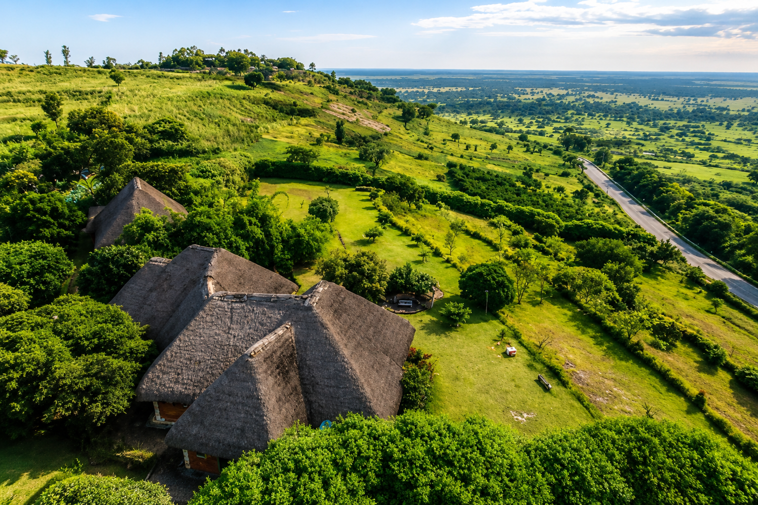 Warujojo Safari Lodge on its ridge above Queen Elizabeth National Park, seen from the air