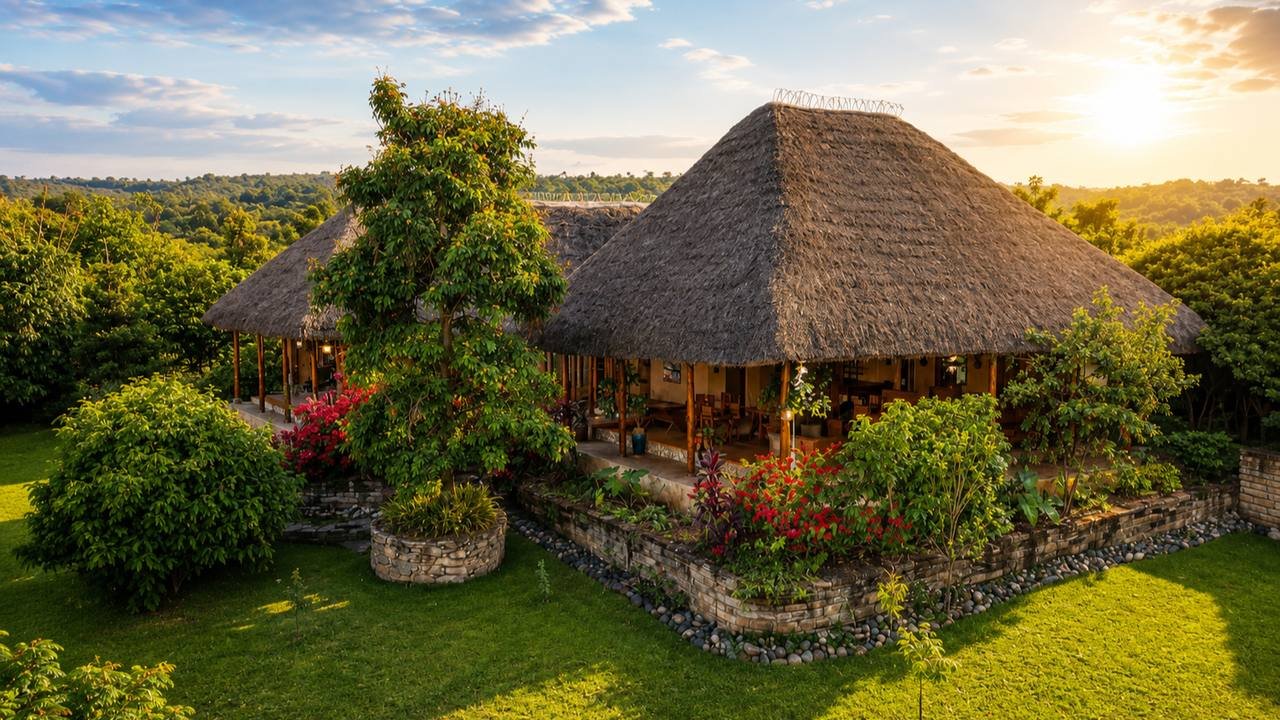 Sunset over the savanna of Queen Elizabeth National Park from Warujojo Safari Lodge