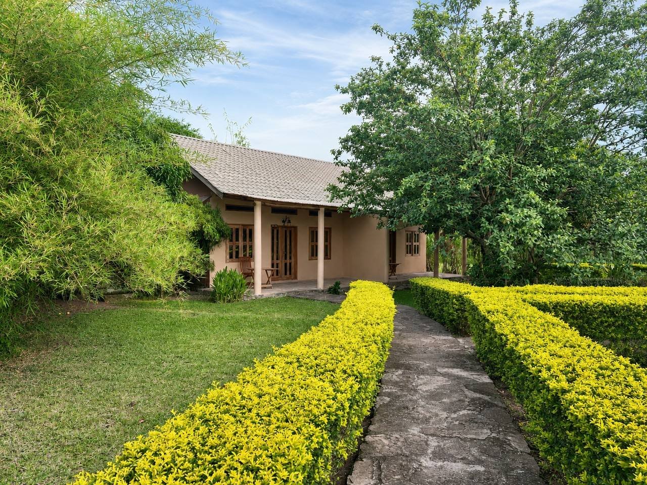 Thatched stone cottage behind flowering bougainvillea at Warujojo Safari Lodge
