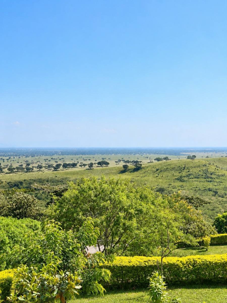 Garden hedge at Warujojo Safari Lodge with the plains of Queen Elizabeth National Park beyond