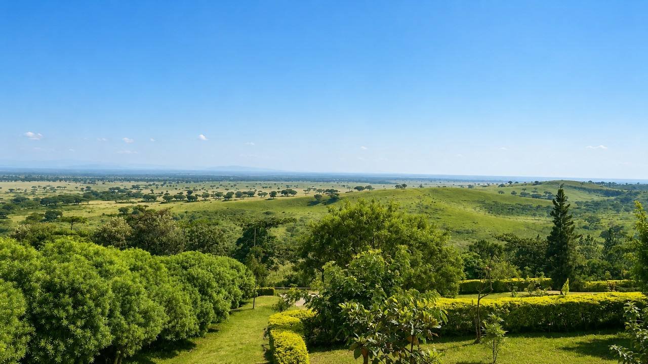 The savanna of Queen Elizabeth National Park stretching to the horizon below the lodge ridge