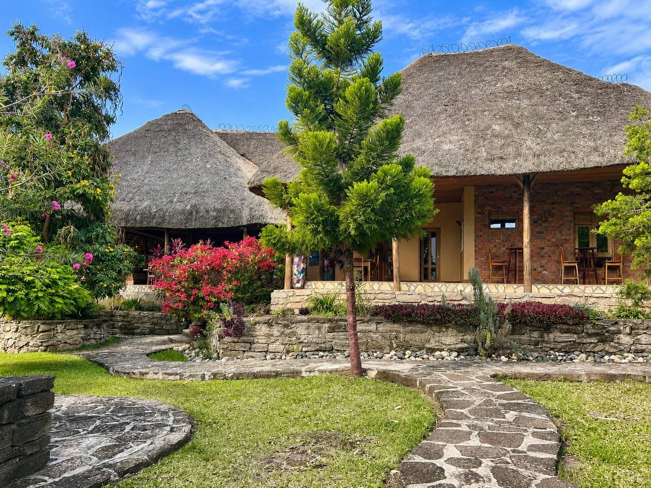 The long thatched main building at Warujojo Safari Lodge, Kyambura, western Uganda